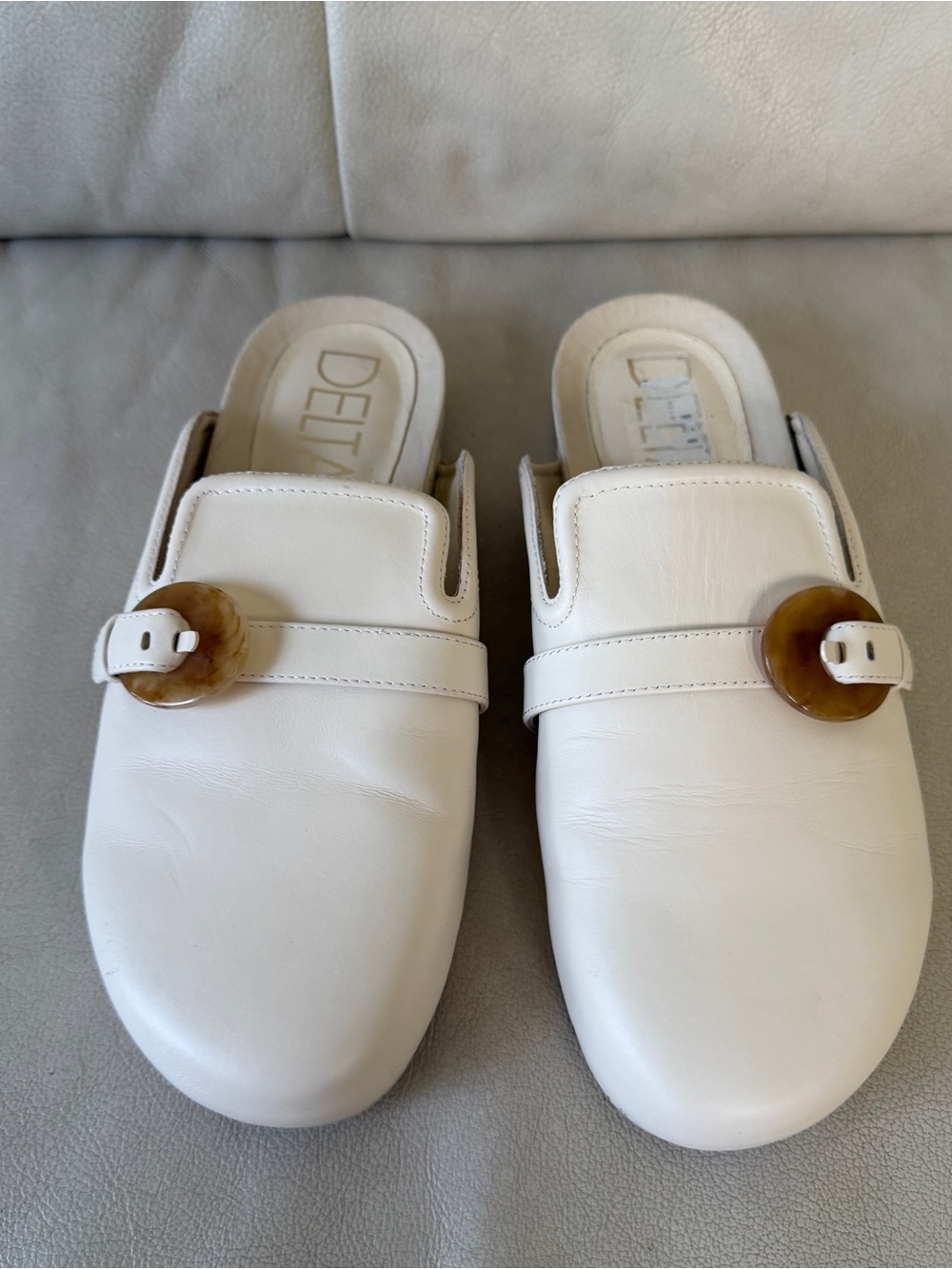 Women's White Leather Slip-On Mules with Accent Buckle, size 8,5
